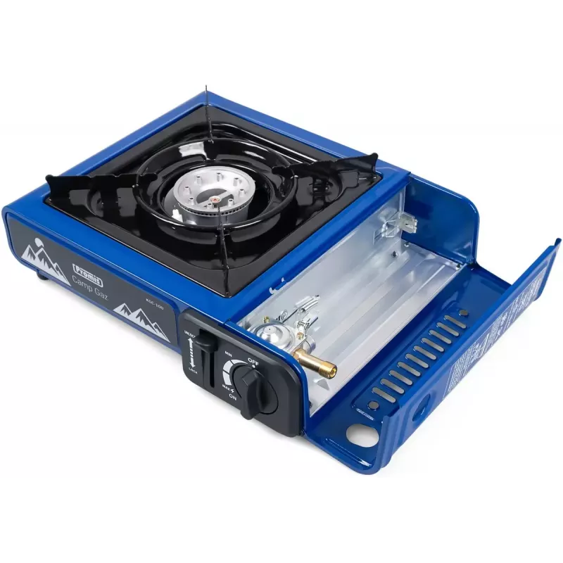 Hornillo de gas de camping PROMIS KGC100 — placa de sobremesa GLP de 1 fuego, carcasa de metal, mando giratorio frontal
