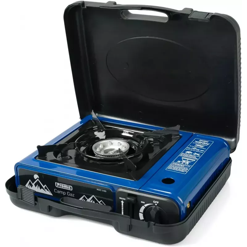 Hornillo de gas de camping PROMIS KGC100 — placa de sobremesa GLP de 1 fuego, carcasa de metal, mando giratorio frontal