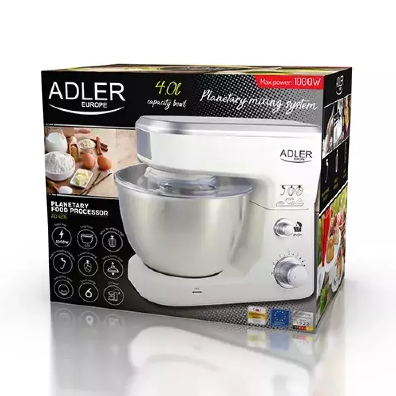 Robot de cocina Adler AD 4216, 500 W, bol de acero inoxidable de 4 l, blanco