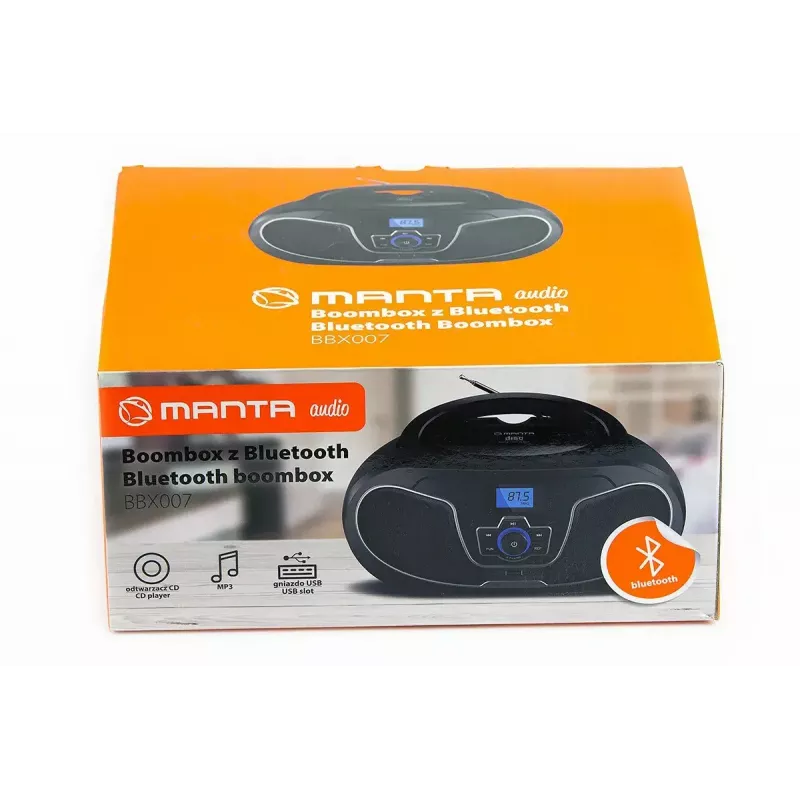 Radio casete portátil MANTA BBX007 con Bluetooth 5.0, radio FM (87,5–108 MHz), LCD, antena telescópica
