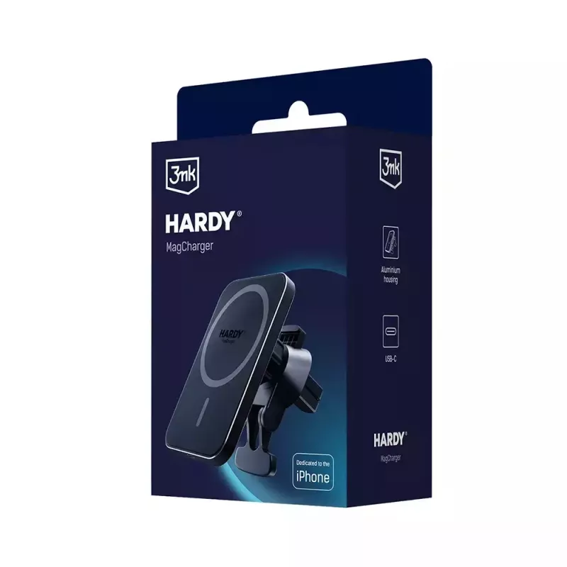 Cargador inalámbrico para coche 3MK HARDY MagCharger — coche USB-C 5/9V, carga inalámbrica rápida, negro