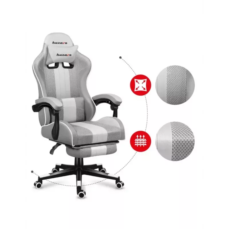 Silla gamer Huzaro FORCE 4.7 asiento envolvente gris – tejido, asiento y respaldo acolchados, reposapiés, peso máx. 140 kg, altura 113–123 cm