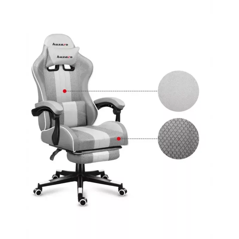 Silla gamer Huzaro FORCE 4.7 asiento envolvente gris – tejido, asiento y respaldo acolchados, reposapiés, peso máx. 140 kg, altura 113–123 cm
