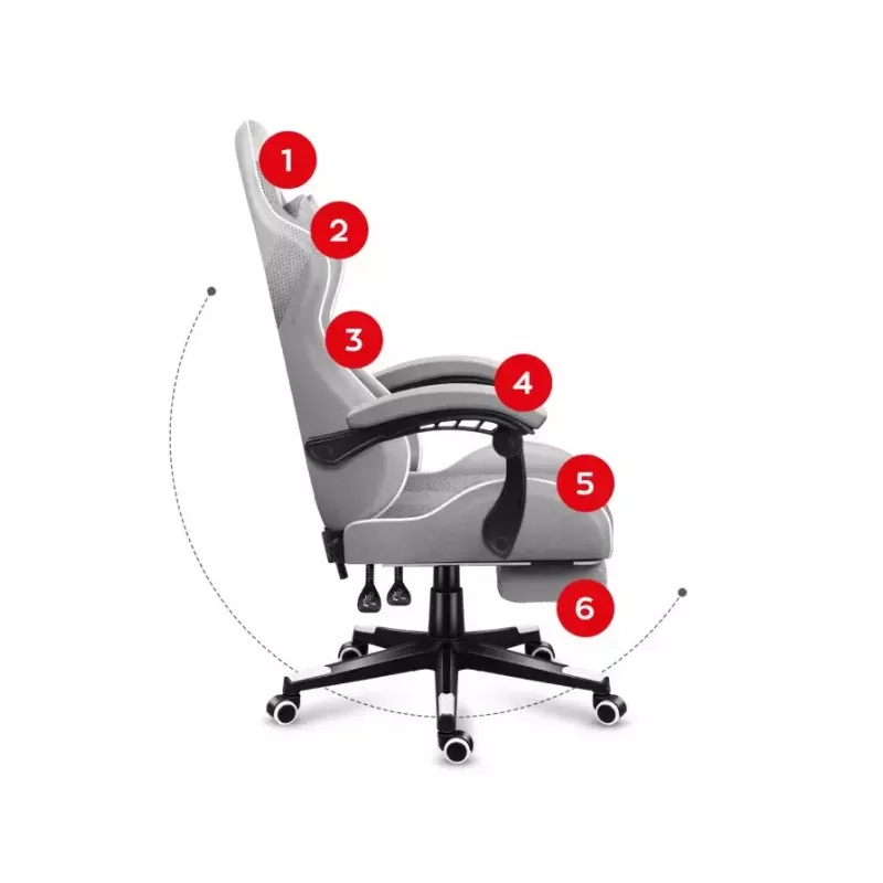 Silla gamer Huzaro FORCE 4.7 asiento envolvente gris – tejido, asiento y respaldo acolchados, reposapiés, peso máx. 140 kg, altura 113–123 cm