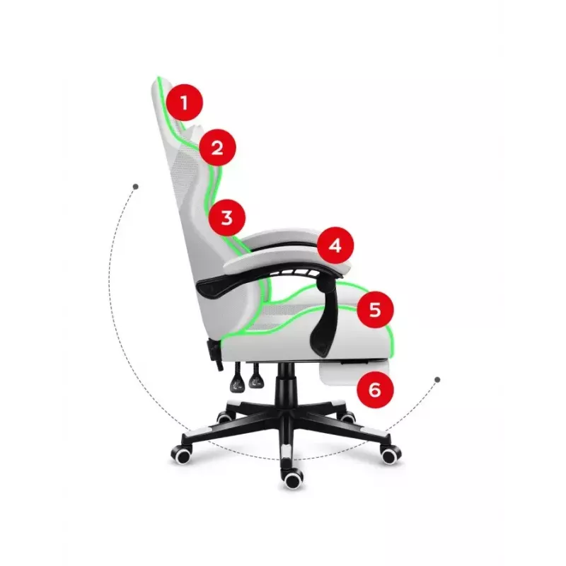 Silla gamer Huzaro FORCE 4.7 RGB blanca — asiento envolvente acolchado de tejido, carga máx. 140 kg, regulable en altura 43–53 cm, inclinación 90–140°