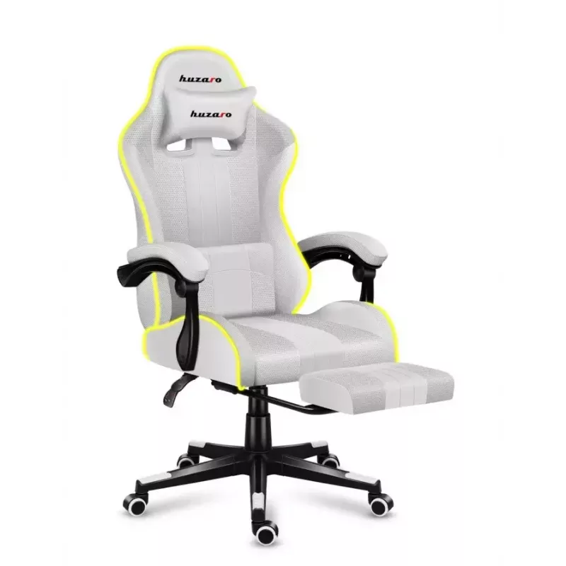 Silla gamer Huzaro FORCE 4.7 RGB blanca — asiento envolvente acolchado de tejido, carga máx. 140 kg, regulable en altura 43–53 cm, inclinación 90–140°