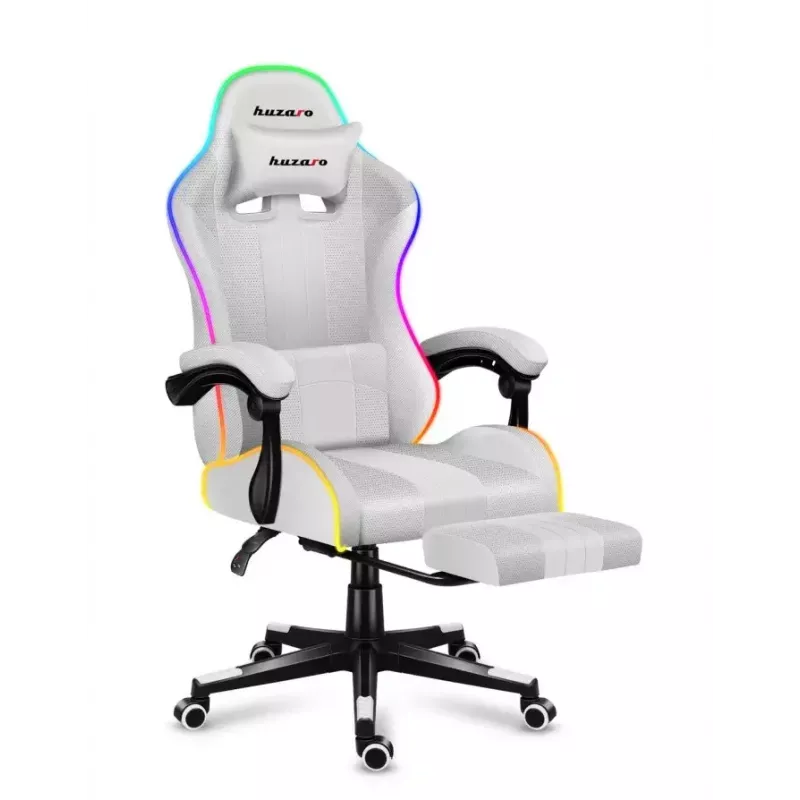 Silla gamer Huzaro FORCE 4.7 RGB blanca — asiento envolvente acolchado de tejido, carga máx. 140 kg, regulable en altura 43–53 cm, inclinación 90–140°