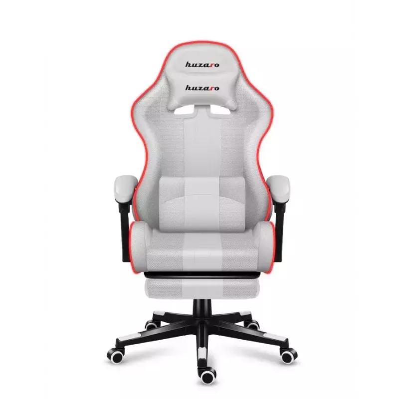 Silla gamer Huzaro FORCE 4.7 RGB blanca — asiento envolvente acolchado de tejido, carga máx. 140 kg, regulable en altura 43–53 cm, inclinación 90–140°