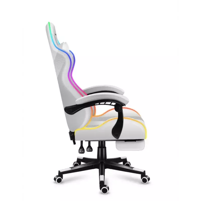 Silla gamer Huzaro FORCE 4.7 RGB blanca — asiento envolvente acolchado de tejido, carga máx. 140 kg, regulable en altura 43–53 cm, inclinación 90–140°
