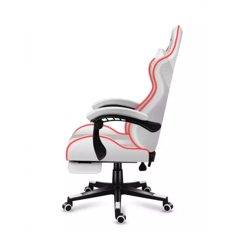 Silla gamer Huzaro FORCE 4.7 RGB blanca — asiento envolvente acolchado de tejido, carga máx. 140 kg, regulable en altura 43–53 cm, inclinación 90–140°