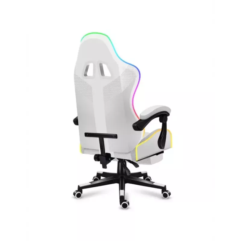 Silla gamer Huzaro FORCE 4.7 RGB blanca — asiento envolvente acolchado de tejido, carga máx. 140 kg, regulable en altura 43–53 cm, inclinación 90–140°
