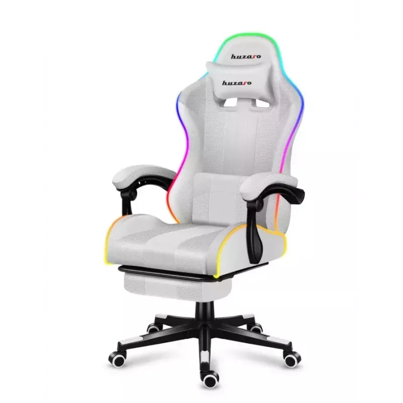 Silla gamer Huzaro FORCE 4.7 RGB blanca — asiento envolvente acolchado de tejido, carga máx. 140 kg, regulable en altura 43–53 cm, inclinación 90–140°