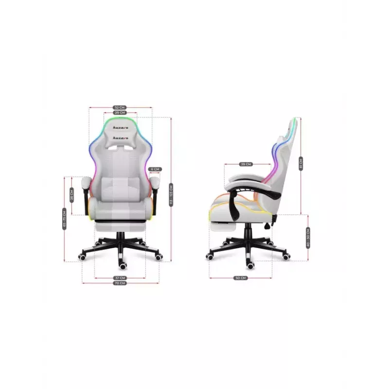 Silla gamer Huzaro FORCE 4.7 RGB blanca — asiento envolvente acolchado de tejido, carga máx. 140 kg, regulable en altura 43–53 cm, inclinación 90–140°