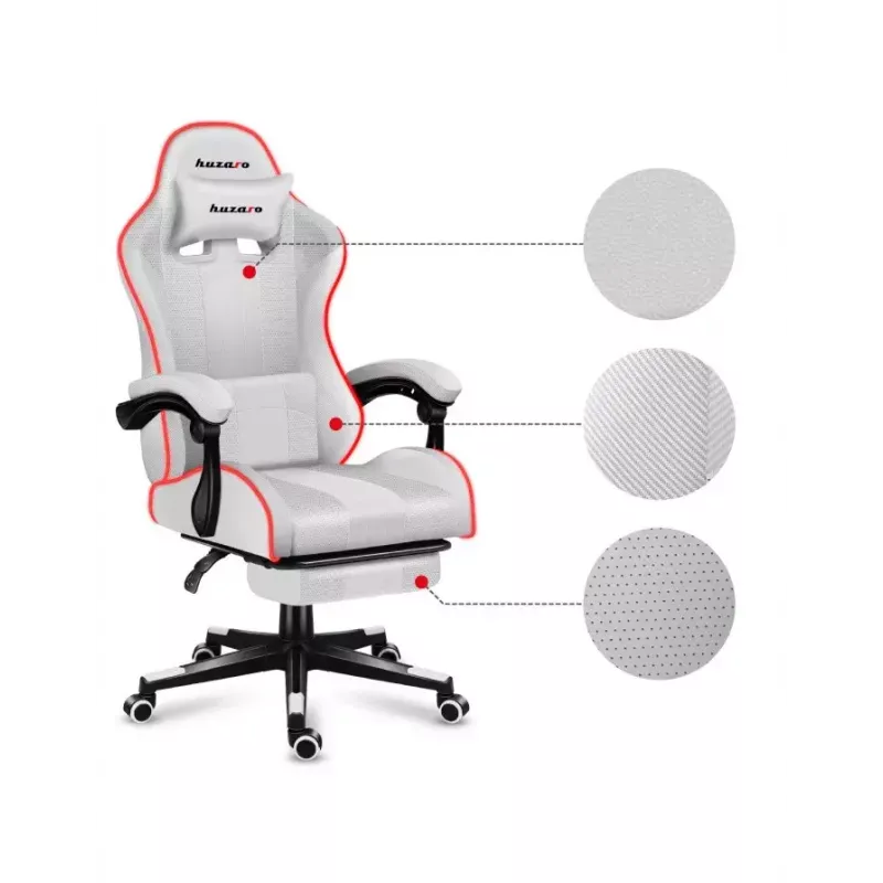 Silla gamer Huzaro FORCE 4.7 RGB blanca — asiento envolvente acolchado de tejido, carga máx. 140 kg, regulable en altura 43–53 cm, inclinación 90–140°