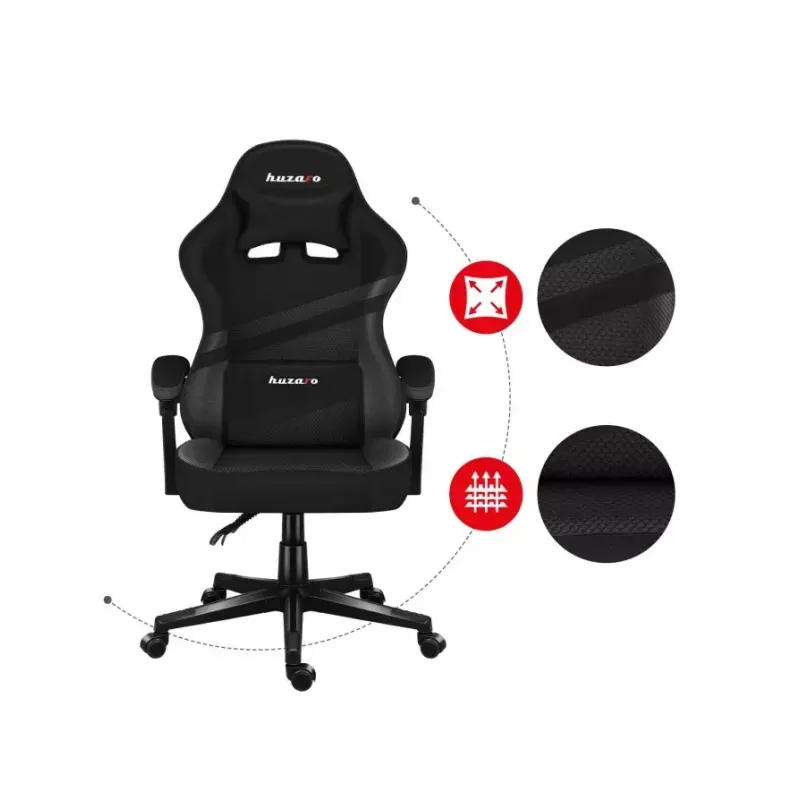 Silla gamer Huzaro FORCE 4.4 CARBON — asiento deportivo acolchado de tejido, altura 115–125 cm, carga máx. 130 kg, base de acero, reposabrazos regulables