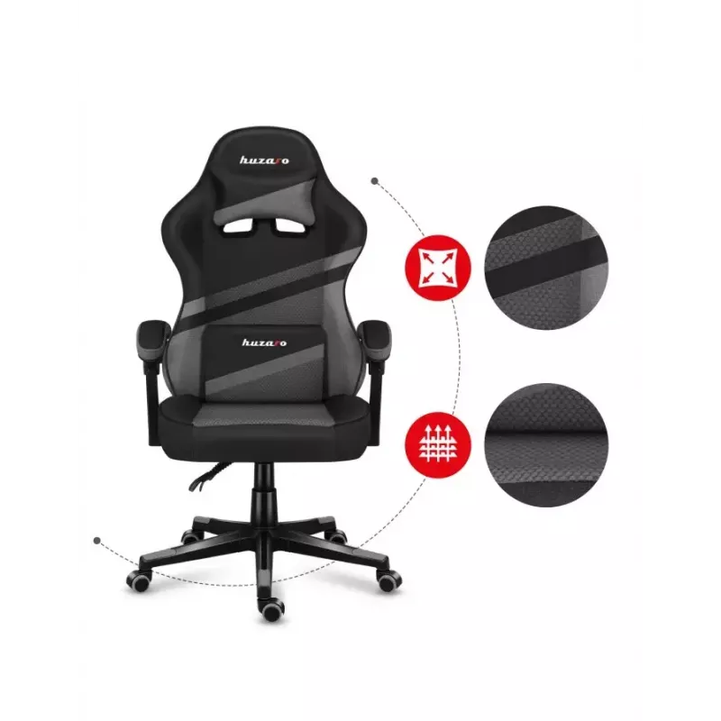 Silla gaming Huzaro FORCE 4.4 con asiento envolvente negra gris — tejido mesh, máx. 130 kg, altura ajustable 45–55 cm, 5 ruedas