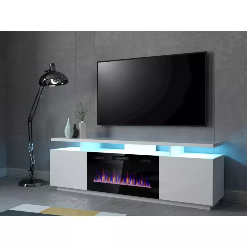 Mueble TV Cama Meble EVA con chimenea eléctrica 180×40×52 cm, cuerpo blanco, puertas blanco brillante, encimera de MDF