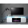 Mueble TV Cama Meble EVA con chimenea eléctrica 180×40×52 cm, cuerpo blanco, puertas blanco brillante, encimera de MDF