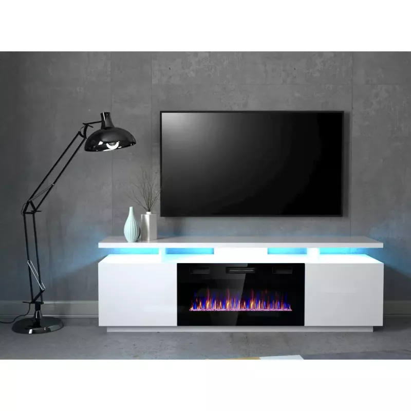 Mueble TV Cama Meble EVA con chimenea eléctrica 180×40×52 cm, cuerpo blanco, puertas blanco brillante, encimera de MDF