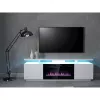 Mueble TV Cama Meble EVA con chimenea eléctrica 180×40×52 cm, cuerpo blanco, puertas blanco brillante, encimera de MDF