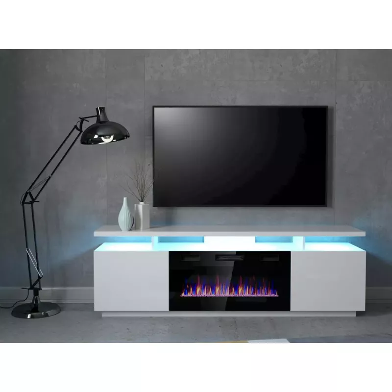 Mueble TV Cama Meble EVA con chimenea eléctrica 180×40×52 cm, cuerpo blanco, puertas blanco brillante, encimera de MDF