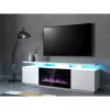 Mueble TV Cama Meble EVA con chimenea eléctrica 180×40×52 cm, cuerpo blanco, puertas blanco brillante, encimera de MDF