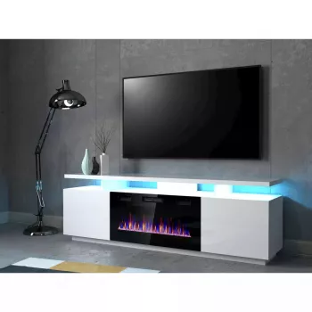 Mueble TV Cama Meble EVA con chimenea eléctrica 180×40×52 cm, cuerpo blanco, puertas blanco brillante, encimera de MDF