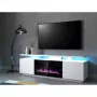 Mueble TV Cama Meble EVA con chimenea eléctrica 180×40×52 cm, cuerpo blanco, puertas blanco brillante, encimera de MDF