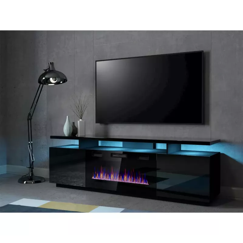 Mueble TV Cama Meble EVA con chimenea eléctrica 180x40x52 cm, negro/negro brillante