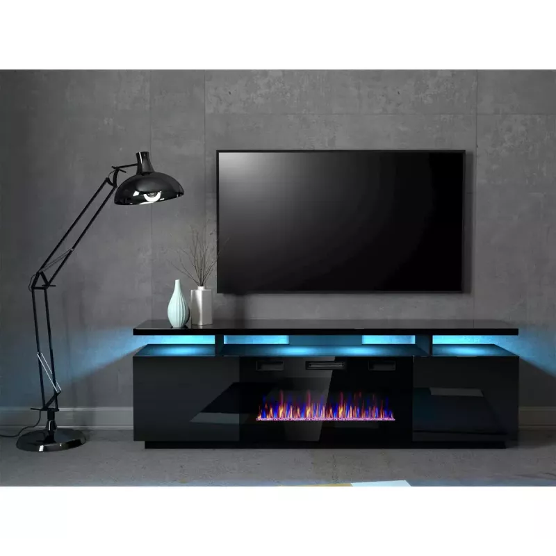 Mueble TV Cama Meble EVA con chimenea eléctrica 180x40x52 cm, negro/negro brillante
