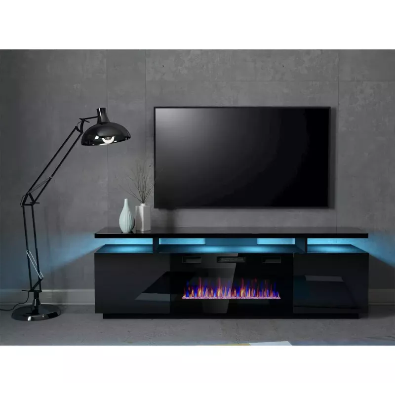 Mueble TV Cama Meble EVA con chimenea eléctrica 180x40x52 cm, negro/negro brillante