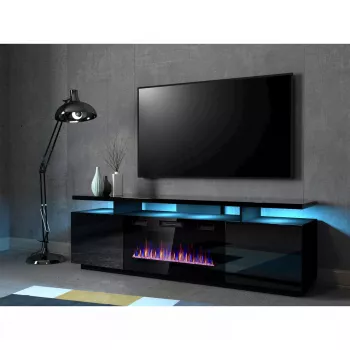 Mueble TV Cama Meble EVA con chimenea eléctrica 180x40x52 cm, negro/negro brillante