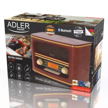 Radio portátil Adler AD 1187 – FM, 10 W RMS, pantalla LCD, marrón, 300×140×210 mm