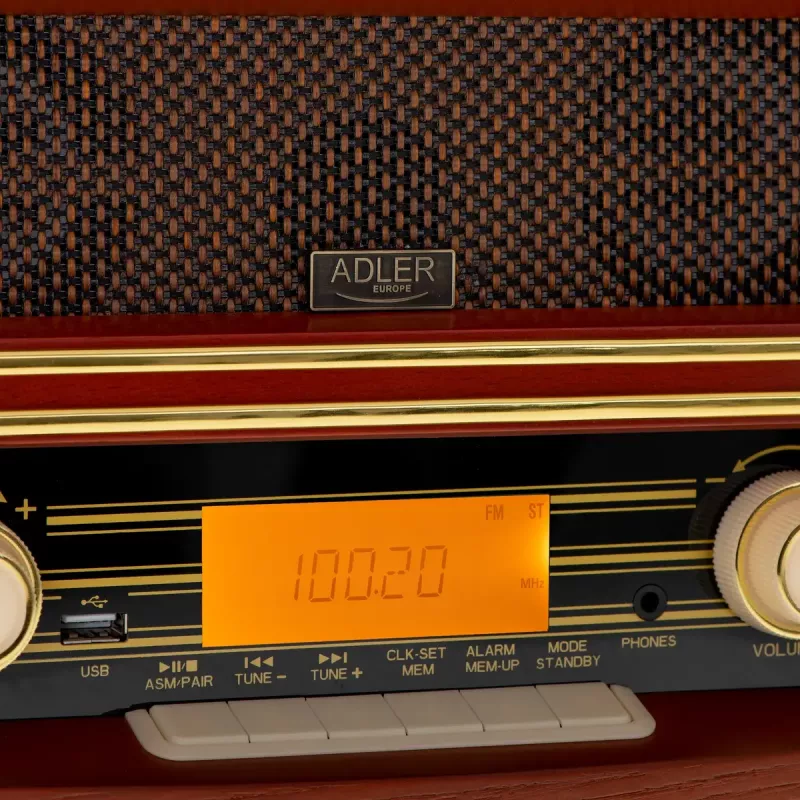 Radio portátil Adler AD 1187 – FM, 10 W RMS, pantalla LCD, marrón, 300×140×210 mm