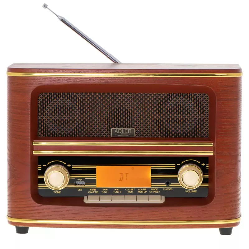 Radio portátil Adler AD 1187 – FM, 10 W RMS, pantalla LCD, marrón, 300×140×210 mm