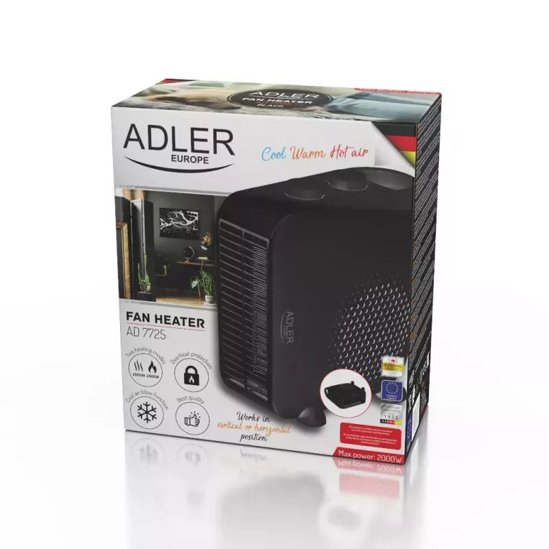 Calefactor de ventilador Adler AD 7725B, 2000 W, 2 niveles de potencia, termostato regulable, negro