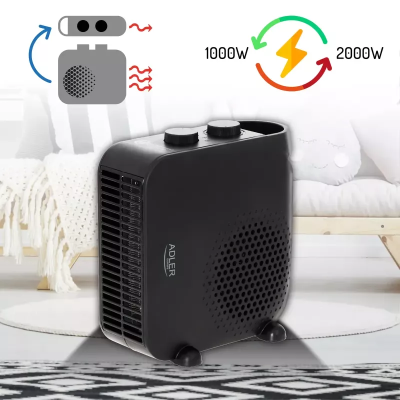 Calefactor de ventilador Adler AD 7725B, 2000 W, 2 niveles de potencia, termostato regulable, negro