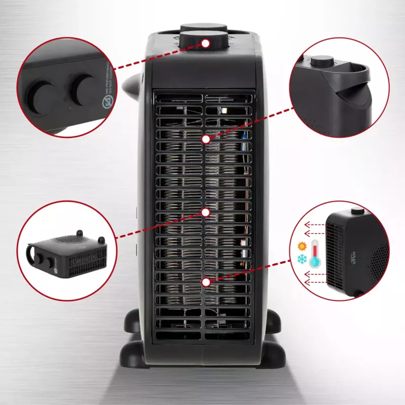 Calefactor de ventilador Adler AD 7725B, 2000 W, 2 niveles de potencia, termostato regulable, negro