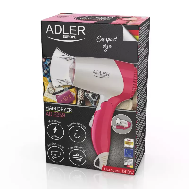 Secador de pelo Adler AD 2259 — 1200 W, 2 velocidades, mango plegable, boquilla de peinado, rosa/blanco