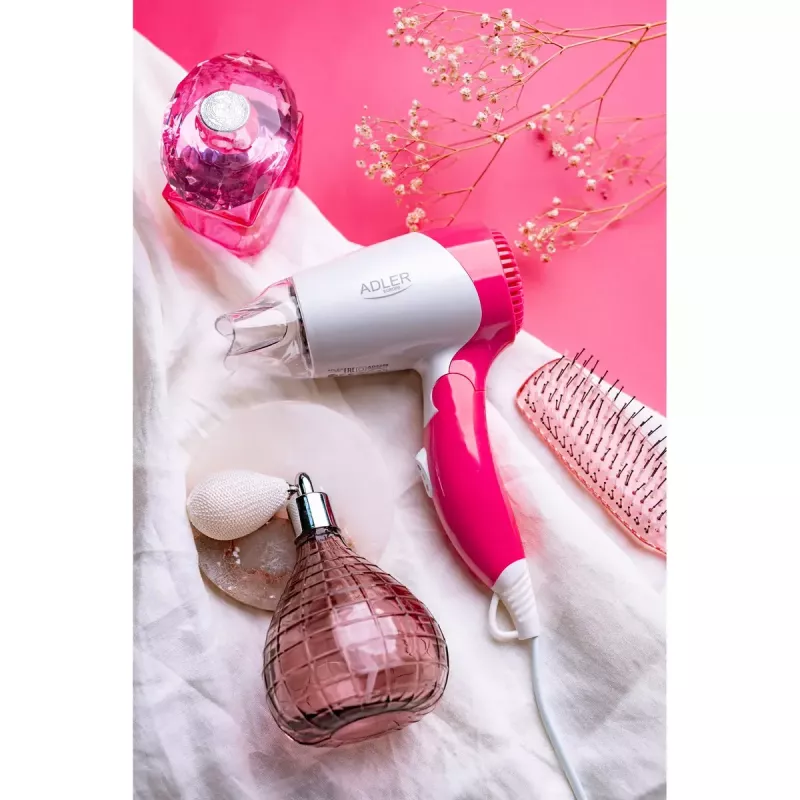 Secador de pelo Adler AD 2259 — 1200 W, 2 velocidades, mango plegable, boquilla de peinado, rosa/blanco