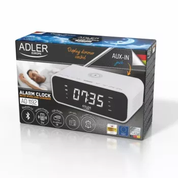 Despertador Adler AD 1192W – despertador de mesita de noche compacto con cargador inalámbrico y entrada AUX, blanco