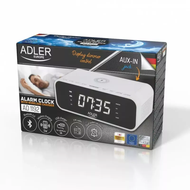 Despertador Adler AD 1192W – despertador de mesita de noche compacto con cargador inalámbrico y entrada AUX, blanco