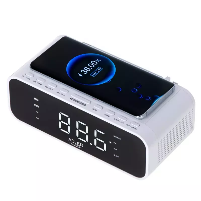 Despertador Adler AD 1192W – despertador de mesita de noche compacto con cargador inalámbrico y entrada AUX, blanco