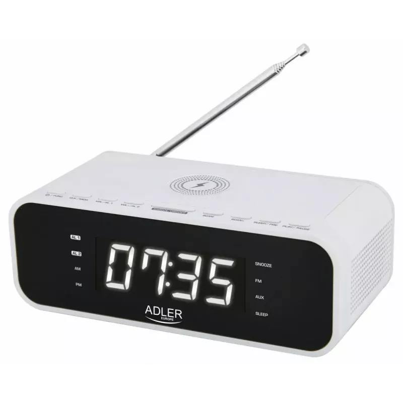 Despertador Adler AD 1192W – despertador de mesita de noche compacto con cargador inalámbrico y entrada AUX, blanco