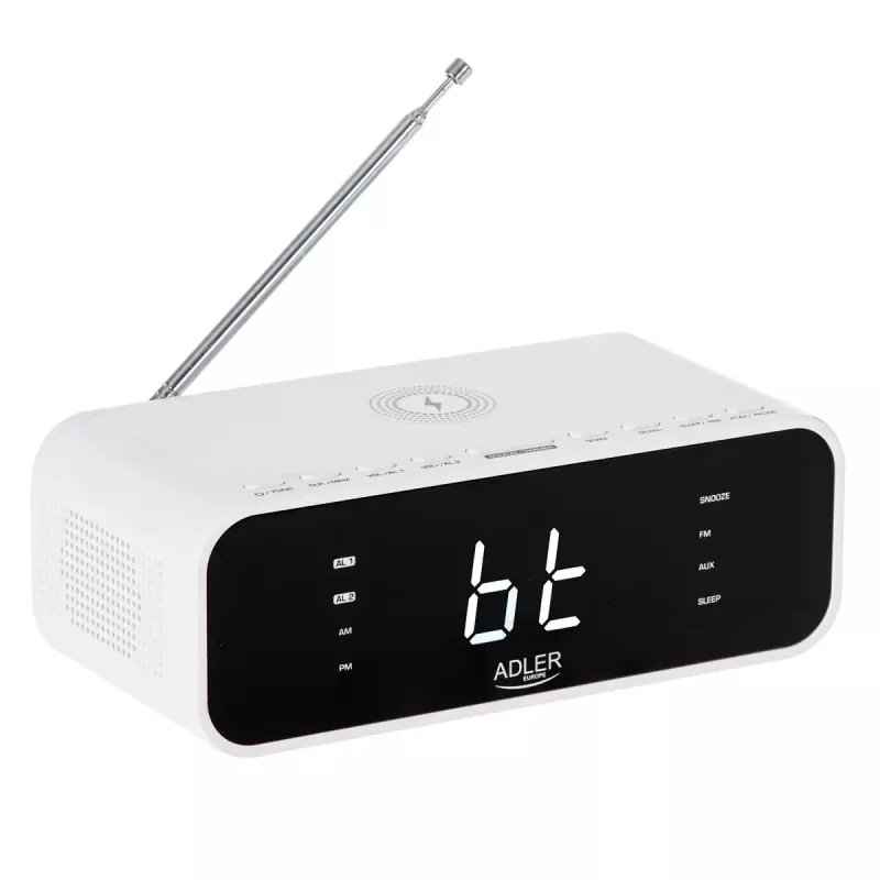 Despertador Adler AD 1192W – despertador de mesita de noche compacto con cargador inalámbrico y entrada AUX, blanco