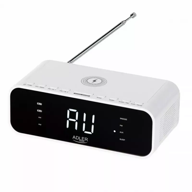 Despertador Adler AD 1192W – despertador de mesita de noche compacto con cargador inalámbrico y entrada AUX, blanco