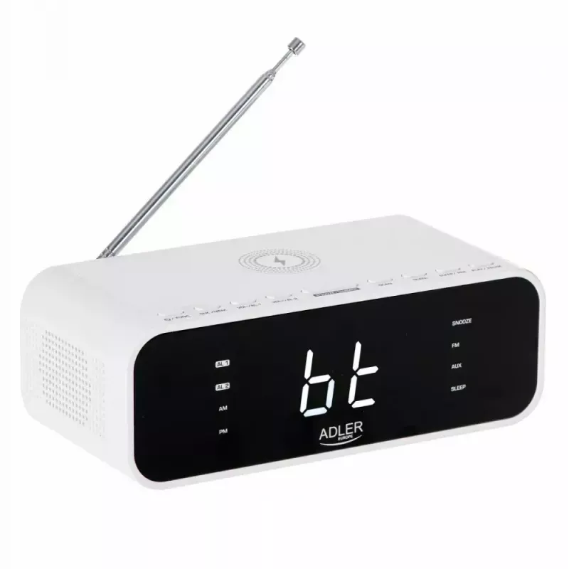 Despertador Adler AD 1192W – despertador de mesita de noche compacto con cargador inalámbrico y entrada AUX, blanco