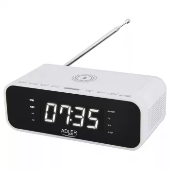 Despertador Adler AD 1192W – despertador de mesita de noche compacto con cargador inalámbrico y entrada AUX, blanco
