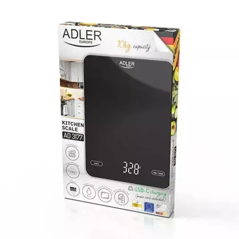 Báscula de cocina electrónica Adler AD 3177b – capacidad 10 kg, precisión 1 g, negra, superficie de cristal