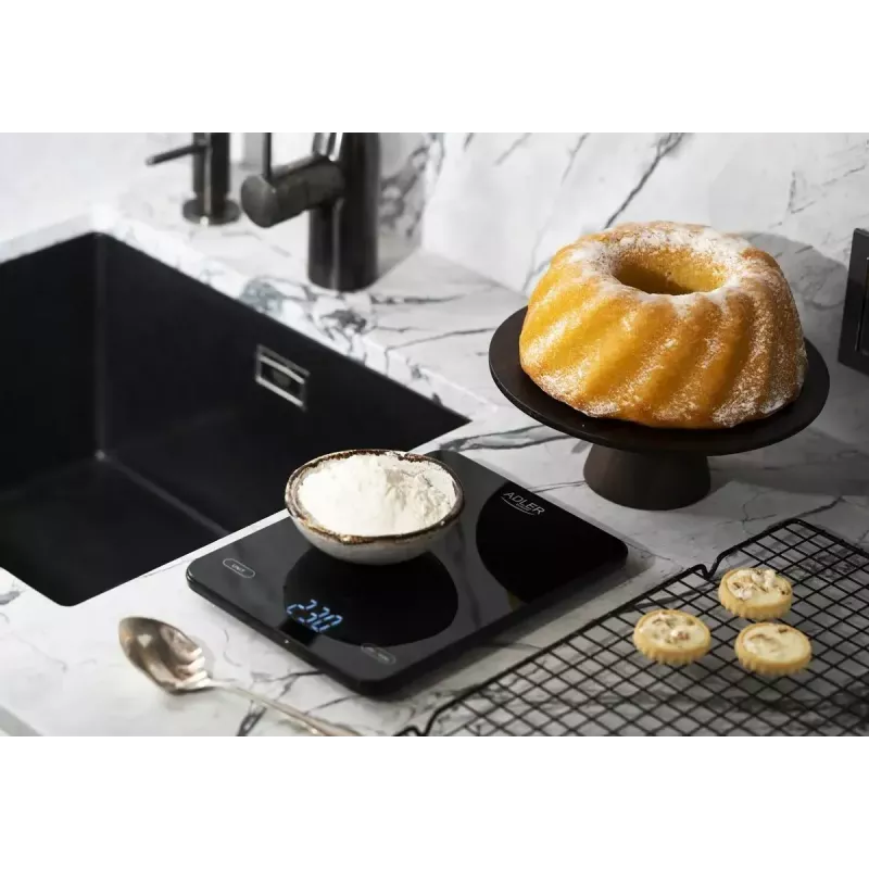 Báscula de cocina electrónica Adler AD 3177b – capacidad 10 kg, precisión 1 g, negra, superficie de cristal